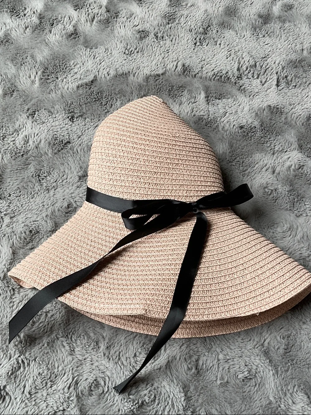 Wide Brim Straw Sun Hat with Black Ribbon - Blush Pink